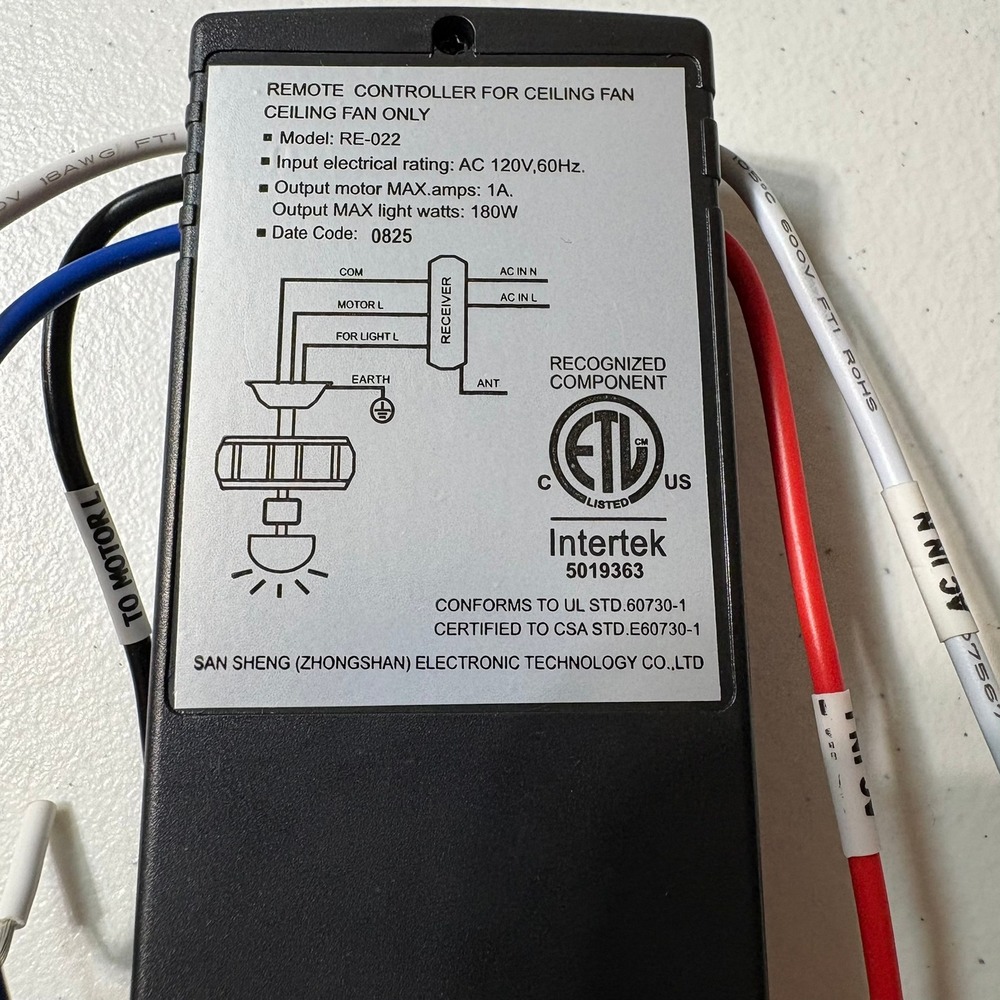 San Sheng RE-022 Ceiling Fan Remote Controller Receiver 120V 1A 180W 5+6uF Black